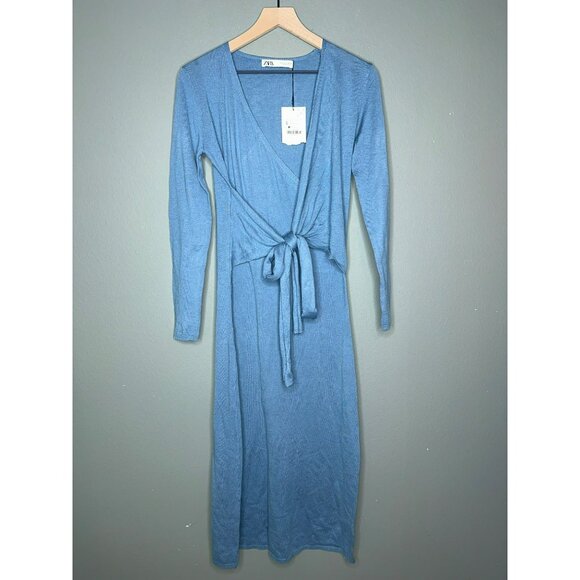 ZARA Wool Blend Wrap Midi Dress Blue Women's Small NWT - Picture 2 of 12